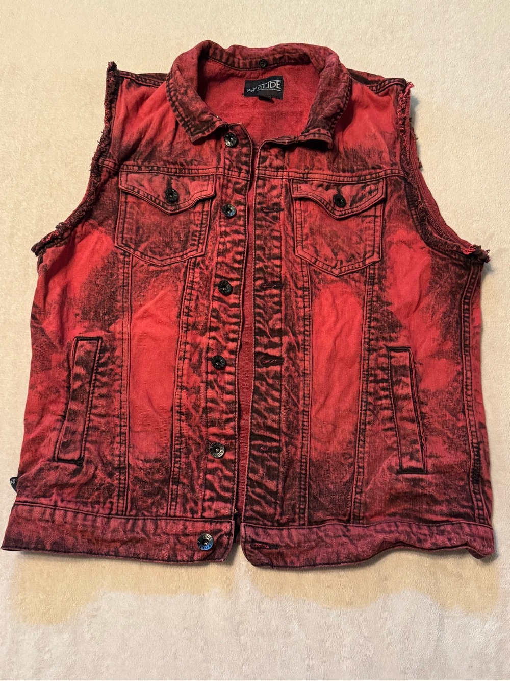 Hot Topic RUDE Red Distressed Denim Vest Large
